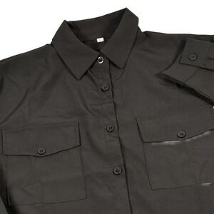 Oversized Button Up Utility Shirt Small Black Pockets Long Sleeve Minimalist